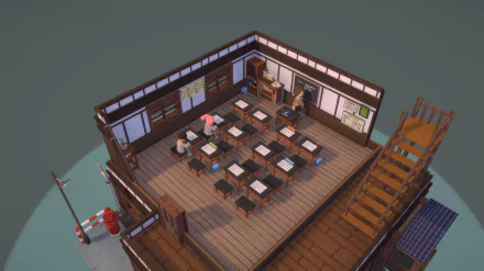 HD desktop wallpaper of a classroom scene from the video game Let's School, featuring a detailed, top-down view of wooden desks, chairs, students, and a teacher in a traditional Japanese-style room.