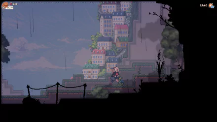 HD desktop wallpaper and background featuring a scene from the video game 'Magical Delicacy' with a character exploring a cliffside town under a cloudy sky.