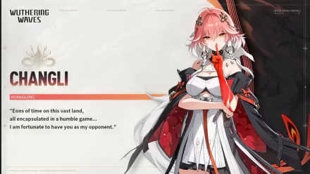 HD desktop wallpaper and background from the video game Wuthering Waves featuring Changli, a character with pink hair, in a white and red outfit, posing with a confident expression.