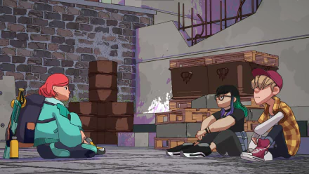 Three animated characters are sitting on the ground in an industrial setting from the video game Dungeons of Hinterberg. This scene is depicted in an HD desktop wallpaper background.