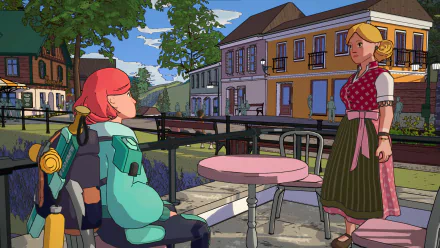An HD desktop wallpaper from Dungeons of Hinterberg video game, featuring two characters conversing in a colorful outdoor café setting.