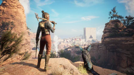 HD wallpaper of Flintlock: The Siege of Dawn, featuring a character holding an axe, standing on a rocky landscape overlooking a city with a dark creature beside them.