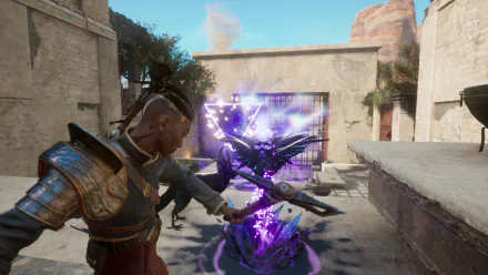 HD desktop wallpaper from the video game Flintlock: The Siege of Dawn, depicting an intense battle scene with a character striking a magical creature in a sunlit courtyard.