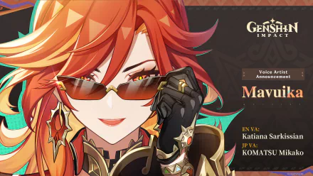 HD desktop wallpaper featuring Mavuika from Genshin Impact, wearing sunglasses. The background includes text about voice actors Katiana Sarkissian and Komatsu Mikako.
