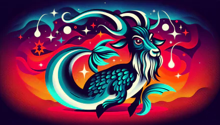 HD desktop wallpaper depicting a vibrant, stylized Capricorn with a vivid, cosmic background showcasing stars and abstract waves.