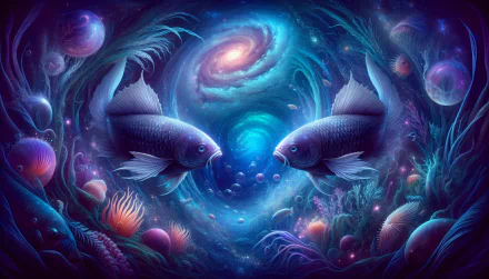 HD desktop wallpaper depicting the Pisces astrological sign. The image features two fish swimming in a mystical underwater galaxy, surrounded by vibrant aquatic flora and a glowing spiral at the center.
