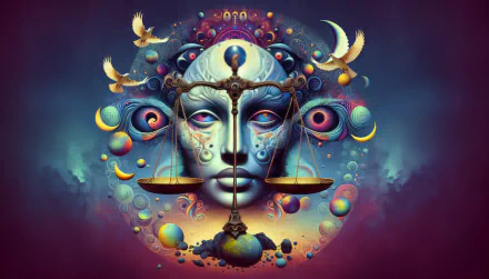 HD desktop wallpaper featuring a Libra astrology theme. The vibrant design showcases a balanced scale over a surreal face surrounded by cosmic elements and doves, blending mysticism and harmony.