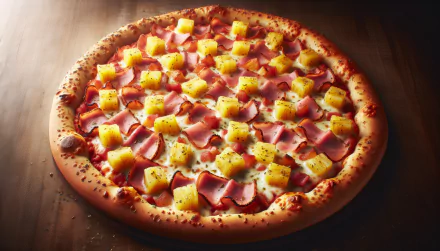 Hawaiian pizza with ham and pineapple chunks on a wooden table, captured in high definition. This image serves as a vivid and appetizing desktop wallpaper and background.