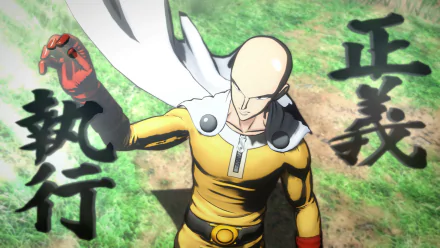 HD desktop wallpaper and background of Saitama from the video game One Punch Man: A Hero Nobody Knows, displaying his iconic yellow suit and red gloves with bold Japanese characters behind him.