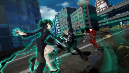 HD desktop wallpaper featuring characters from the video game One Punch Man: A Hero Nobody Knows engaged in an intense urban battle, with vibrant city buildings in the backdrop.