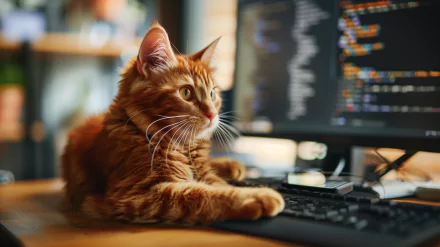 A cat lounging on a programmer's desk, with a computer displaying lines of code in the background. HD desktop wallpaper and background.