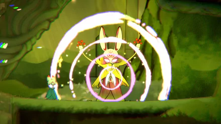 HD desktop wallpaper featuring a scene from the video game Bo: Path of the Teal Lotus, showcasing a vibrant character amidst magical, circular effects in a lush, green environment.