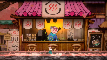 A colorful scene from the video game Bo: Path of the Teal Lotus, featuring a whimsical food stall with a smiling vendor and vibrant decorations, set against a charming backdrop.