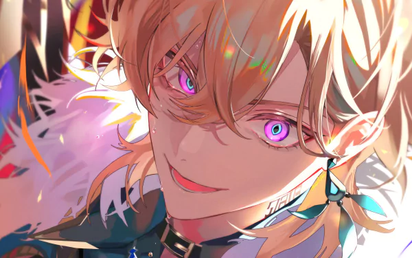 HD wallpaper featuring a close-up illustration of Aventurine, a character from the video game Honkai: Star Rail, with vibrant purple eyes and golden hair, highlighted by a backdrop of dynamic, soft light effects.