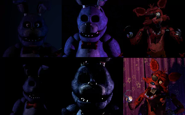 Animatronic characters from Five Nights at Freddy's - Foxy, Bonnie, and Freddy Fazbear's Pizza, featured in a vibrant HD desktop wallpaper.