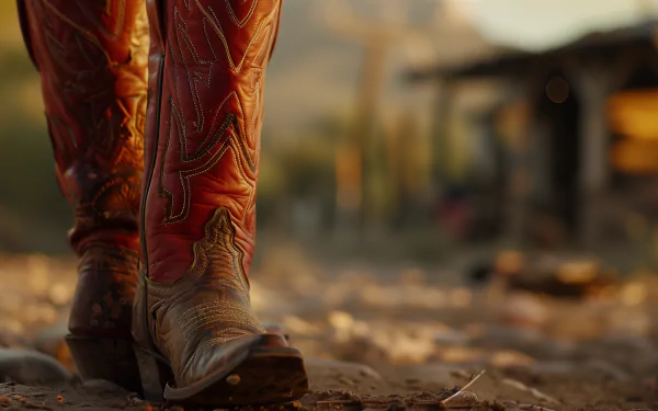 A close-up HD wallpaper of worn red cowboy boots on a dusty ground with a soft focus background suggesting a rural setting.