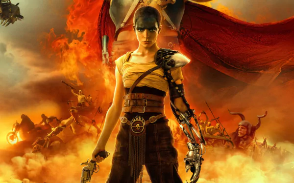 HD desktop wallpaper featuring a character from Furiosa: A Mad Max Saga, portrayed by Anya Taylor-Joy, standing confidently with a mechanical arm, amidst a fiery, chaotic backdrop with figures on motorcycles.