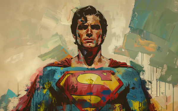 HD desktop wallpaper featuring an artistic, painted rendition of Superman, striking a heroic pose with a stylized comic book aesthetic in the background.