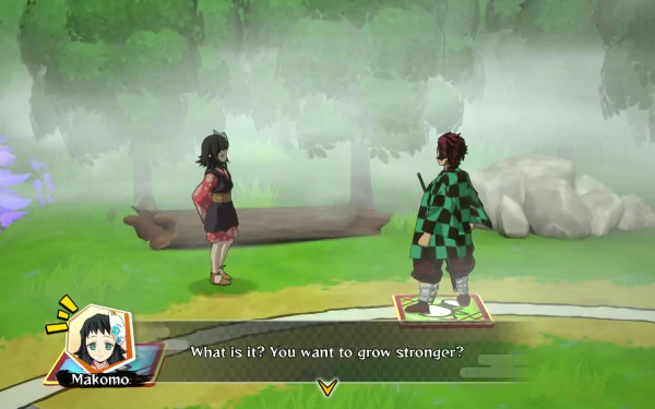 HD desktop wallpaper of a scene from the video game Demon Slayer -Kimetsu no Yaiba- Sweep the Board! featuring two characters in a misty, wooded area with dialogue text on the screen.