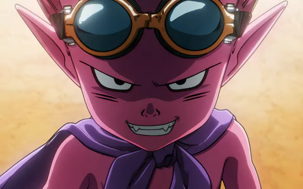 HD desktop wallpaper featuring a close-up of an animated character with purple skin, large pointed ears, sharp teeth, and goggles, set against a sandy background associated with the video game Sand Land.