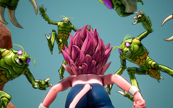 HD desktop wallpaper from the video game Sand Land featuring an animated character with pink spiky hair facing monstrous green creatures with purple eyes in a confrontational stance.