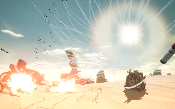 HD desktop wallpaper from the video game 'Sand Land' featuring an explosive battle scene with tanks and projectiles in a desert setting under a bright sun.