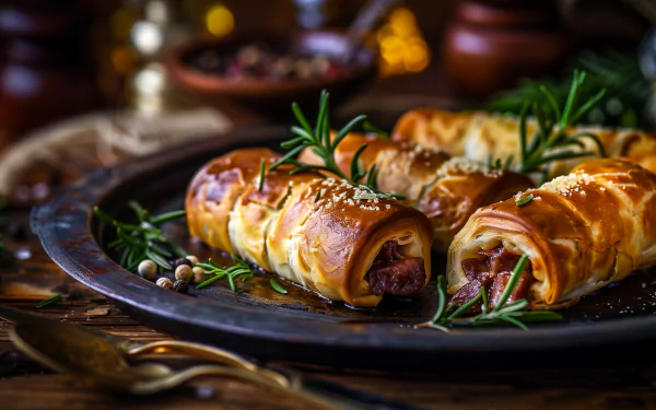 HD desktop wallpaper featuring a tantalizing close-up of golden pigs in a blanket garnished with rosemary and sesame seeds, set on a rustic dining table.
