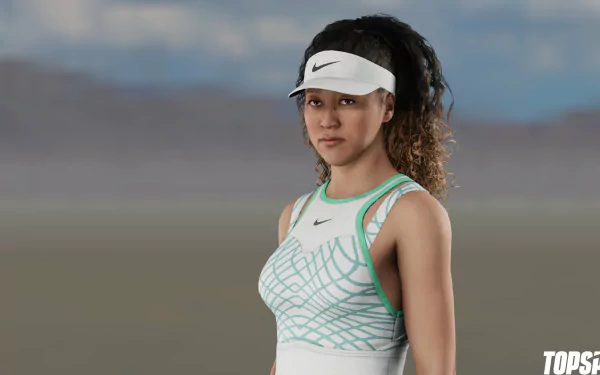 HD wallpaper from TopSpin 2K25 featuring a female tennis player in sportswear and visor, set against a subtle gradient background.