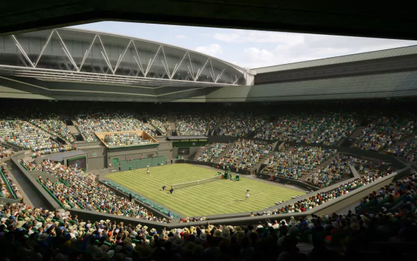 HD wallpaper from TopSpin 2K25 video game depicting a realistic tennis stadium packed with spectators during a match.