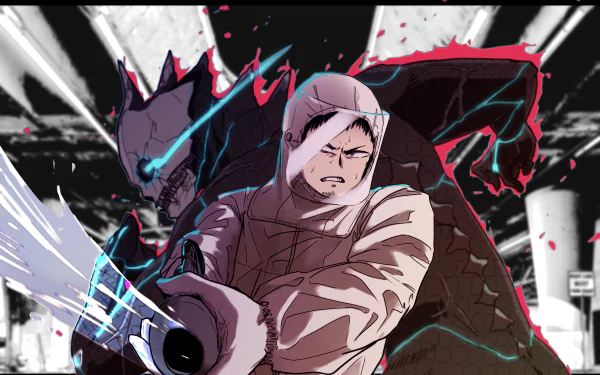 Anime-style 4K Ultra HD wallpaper featuring Kafka Hibino from Kaiju No. 8 in an intense action pose with a dark, monstrous figure behind him.