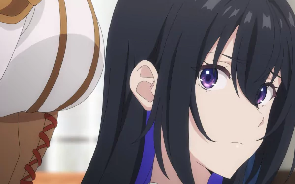 HD desktop wallpaper from Unnamed Memory anime featuring a close-up of a female character with long black hair and striking purple eyes.