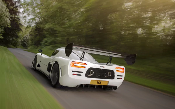 HD desktop wallpaper of a white Ultima RS speeding along a lush, green roadside.