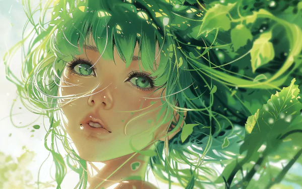 HD anime wallpaper featuring a close-up of a green-haired anime girl with vivid green eyes surrounded by lush foliage.