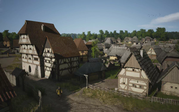 HD desktop wallpaper from the video game Manor Lords depicting a detailed medieval village with timber-framed houses and a dirt road.