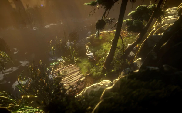 HD desktop wallpaper from the video game No Rest for the Wicked, featuring a serene, sunlit forest scene with lush greenery and a character on a wooden path.