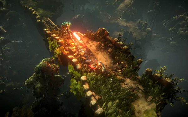 HD desktop wallpaper from the video game No Rest for the Wicked, featuring a mystical, sunlit forest scene with a character crossing a wooden bridge.