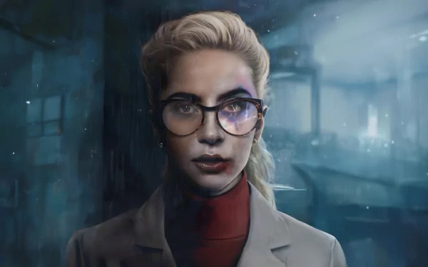 HD desktop wallpaper featuring Lady Gaga in a dramatic scene from Joker: Folie à Deux, styled with glasses and a sophisticated look amidst a misty, dimly lit background.