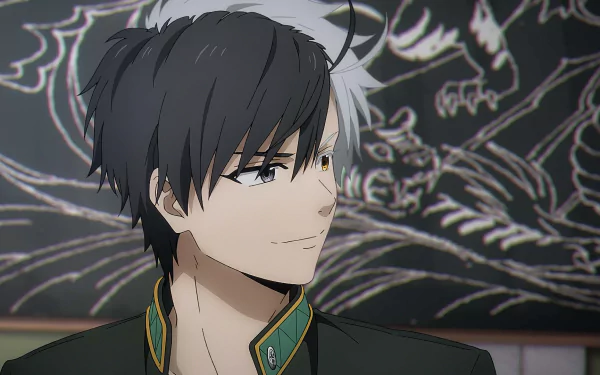 HD desktop wallpaper of Haruka Sakura from Wind Breaker, featuring a close-up view of the anime character with a black hair and gentle smile, set against a mural with white dragon designs.