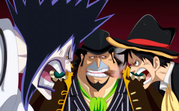 HD wallpaper featuring characters Caesar Clown, Capone Bege, and Monkey D. Luffy from the anime One Piece, depicted in an intense close-up.