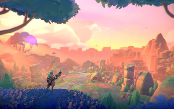 HD desktop wallpaper from Slime Rancher 2 featuring a character exploring a vibrant, colorful landscape with whimsical flora and distant rock formations.