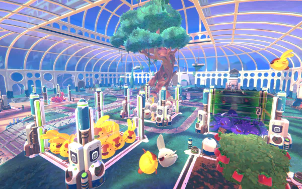 HD desktop wallpaper from Slime Rancher 2 featuring a vibrant conservatory with colorful slimes and whimsical farming equipment.
