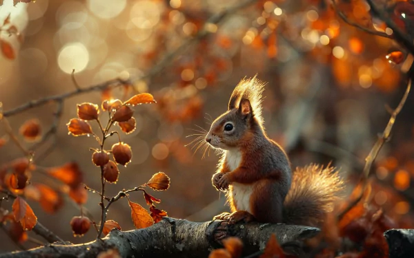 HD wallpaper of a squirrel perched on a branch amidst golden-hued leaves, illuminated by warm light.