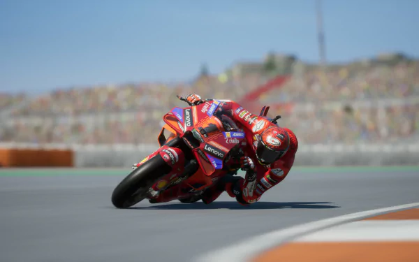 HD desktop wallpaper and background featuring a dynamic scene from the video game MotoGP 24, with a motorcycle racer cornering sharply on a racetrack.