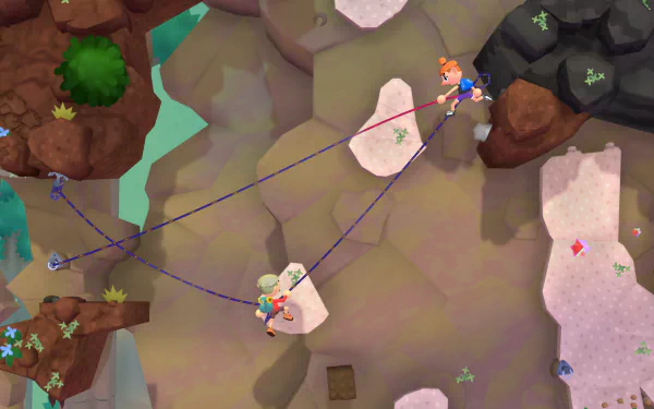 HD desktop wallpaper from the video game Surmount showing characters navigating a colorful, rocky terrain connected by ropes.