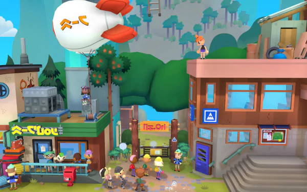 HD desktop wallpaper featuring a vibrant scene from the video game Surmount, with animated characters in a lively village setting, including shops and a blimp overhead.