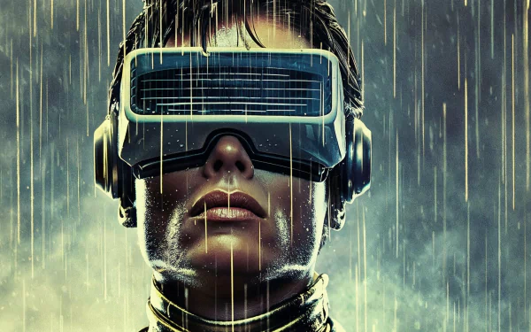 HD desktop wallpaper featuring a boy with futuristic goggles in a Matrix-inspired setting, highlighted by a dramatic, rainy backdrop.