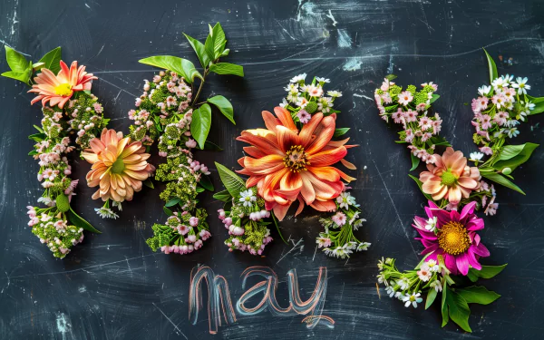 HD desktop wallpaper featuring the word May crafted from vibrant flowers and greenery on a dark background.