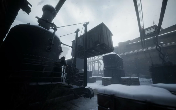 HD desktop wallpaper from the video game Indika, featuring a snowy train yard with a locomotive and cargo crates in a dim, wintry setting.