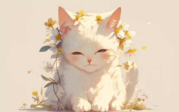 HD desktop wallpaper featuring a cute white cat adorned with yellow flowers, set against a soft, neutral background.