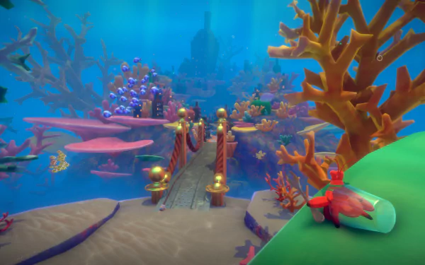 HD desktop wallpaper from the video game Another Crab's Treasure, featuring a vibrant underwater scene with a colorful crab on a sandy path.